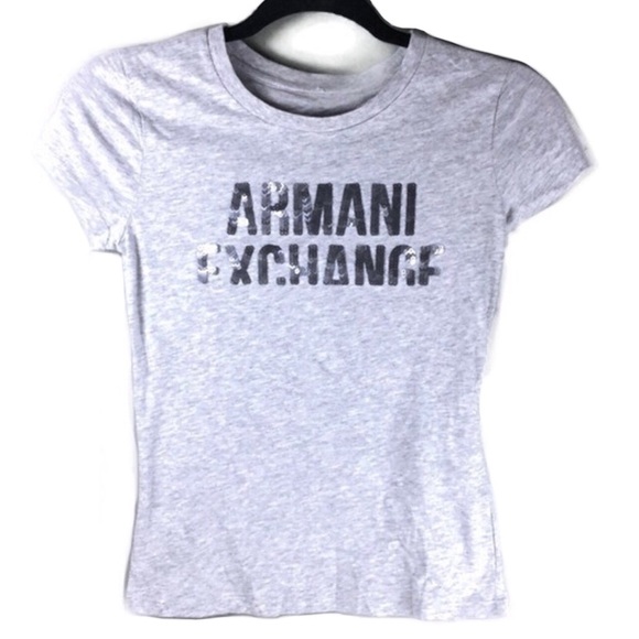 NWT Armani Exchange Sequined Logo Short Sleeve Crew Neck Heather Gray Tee Sz XS - Picture 3 of 11